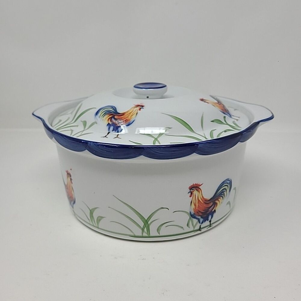 BIA Cordon Bleu, Blanc de Table “Rooster” Round Baking Casserole Dish & Lid